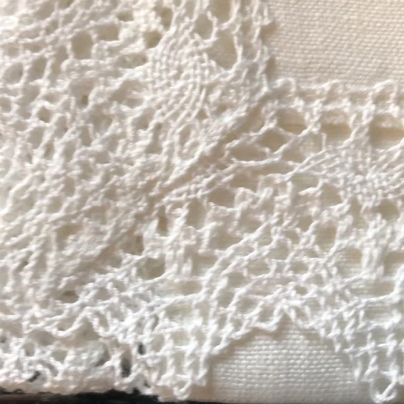 Vintage table runner linen with crocheted lace trim new in box.